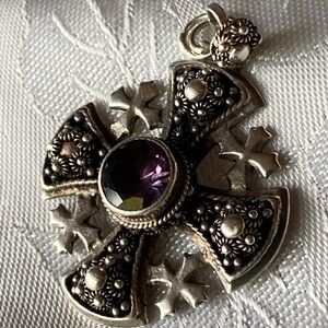 Vintage Byzantine cross pendant with amethyst centre